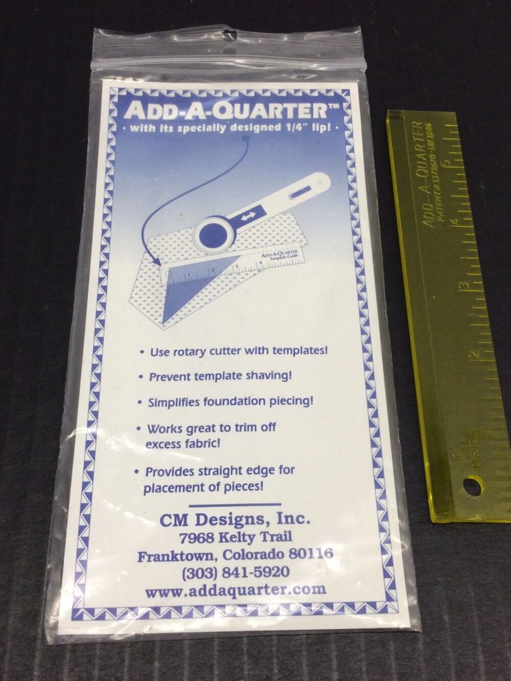 Vintage CM Designs Add-A-Quarter Ruler Made in USA Yellow Plastic 6" New Open